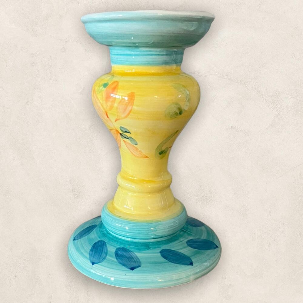 HAND PAINTED Candlestick Shabby Chic Floral Yellow Blue Floral Decorative EUC - Picture 5 of 5